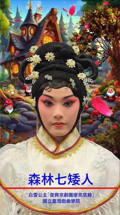 今年校慶，臺灣戲曲學院首創AI白雪公主迎賓大使，兼具傳統和科技。圖／臺灣戲曲學院提供