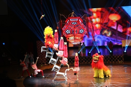國立臺灣戲曲學院之臺灣特技團於2024年春節至佛光山精彩演出，小舞獅爬上四層排椅倒立與「采青」
